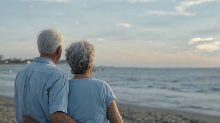 Elderly couple standing beach facing ocean is away The elderly c