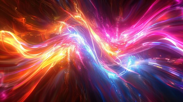 Create a vibrant futuristic backdrop featuring dynamic lines in multicolor hues, ideal for engaging digital presentations or video games