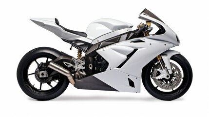 Fototapeta premium Sleek Metallic Sports Bike on White Background: Focused Lighting