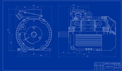 Vector engineering technical drawing of asynchronous
motor. The design of mechanical part
of machine with dimension lines. Cad schematic diagram. The general view. Assembly project.