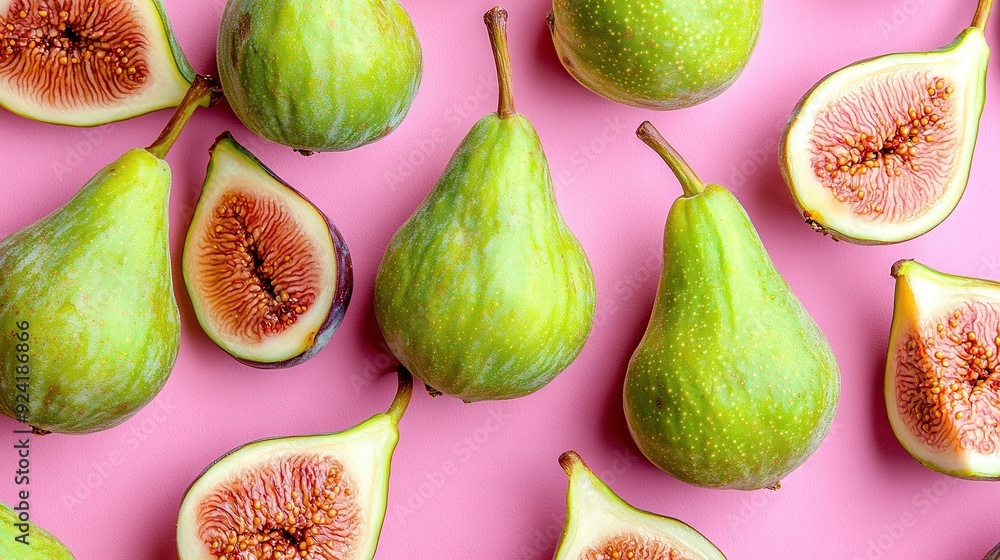 Poster a cluster of figs resting on a rose-tinted background with one split open and the other intact