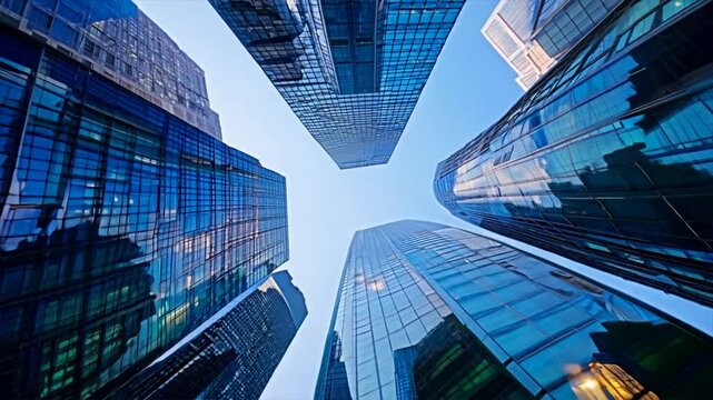 Bottom view of high skyscraper building in business section of busy city, motion video 