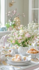 A beautifully set table featuring spring flowers, decorated eggs, and delicious pastries for a festive celebration