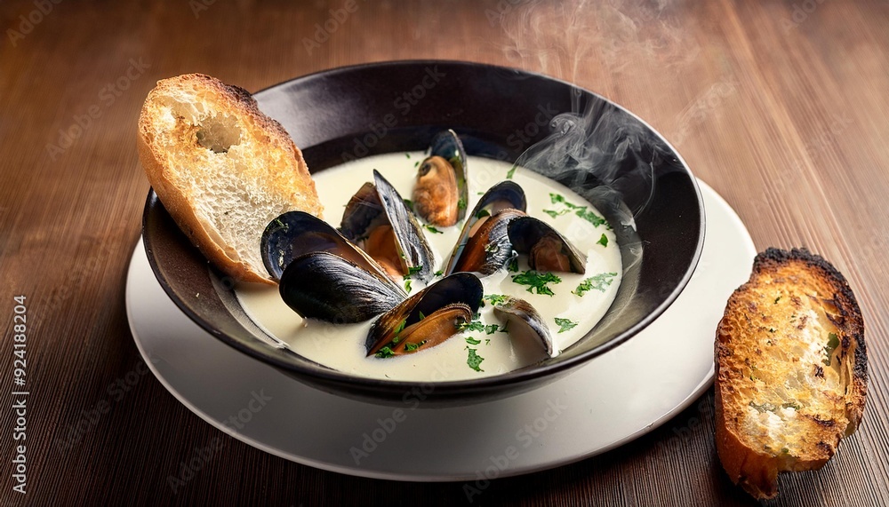 Wall mural A bowl of steaming mussels rolling in a white sauce with herbs