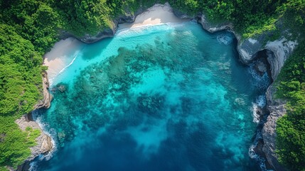 Aerial view of a pristine tropical bay with turquoise waters surrounded by lush greenery during midday