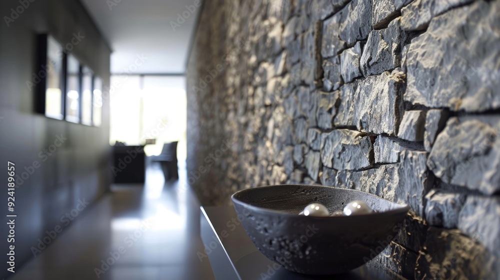 Poster a sleek and stylish hallway with a bold rough stone wall adding texture and interest to the otherwis