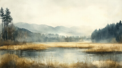 Fototapeta premium Delicate watercolor landscape painting. Pond and grasses in the foreground. Misty forest trees and mountains in the background.