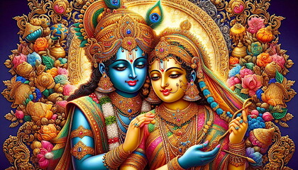 indian Hindu God Sri Krishna and wife Radha also known in india as dwarikadhish,ranchodji,shamlaji,kanhaiya,colorful in golden wire sapphire and ruby jewels and ornate, gold thread frame
