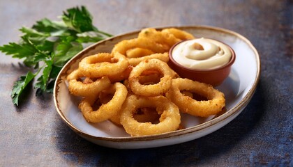 Naklejka premium Grilled calamari rings with a garlic and mayonnaise dip