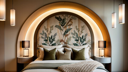 A Serene Bedroom with Illuminated Niche and Botanical Headboard