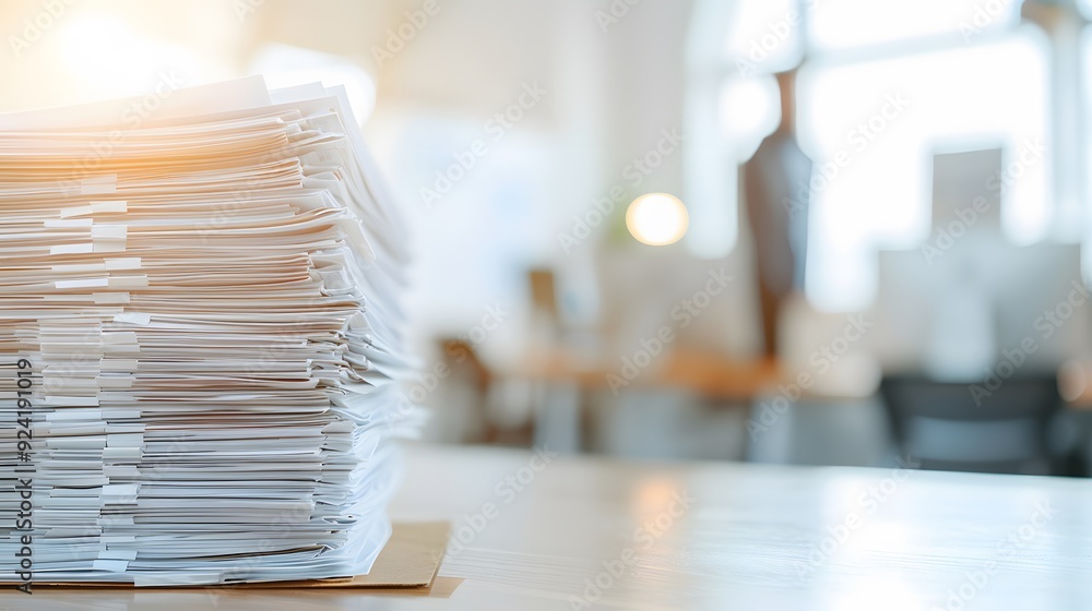 Poster organized efficiency neat stack of important office documents paperwork and files business administr
