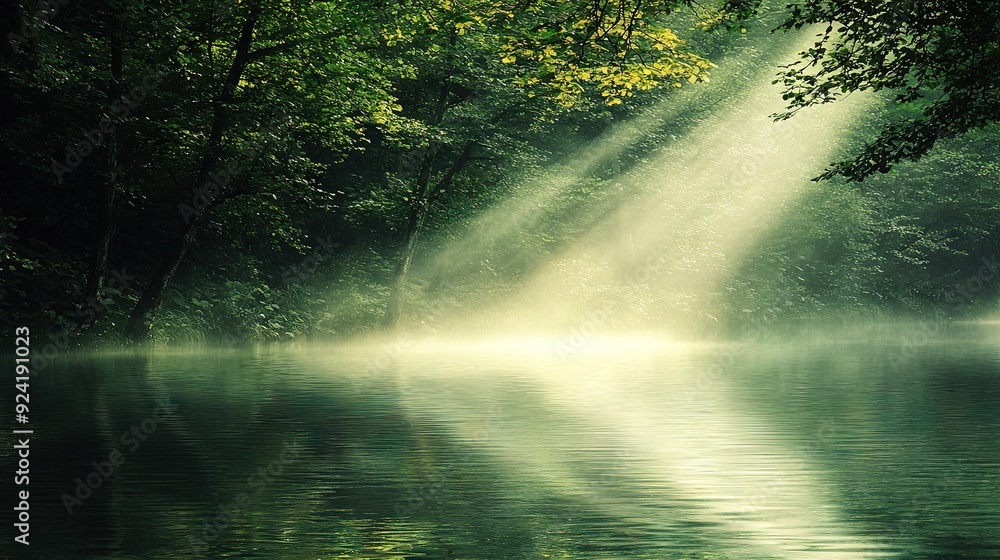 Poster a pond surrounded by trees with a beaming ray of sunlight piercing through its surface