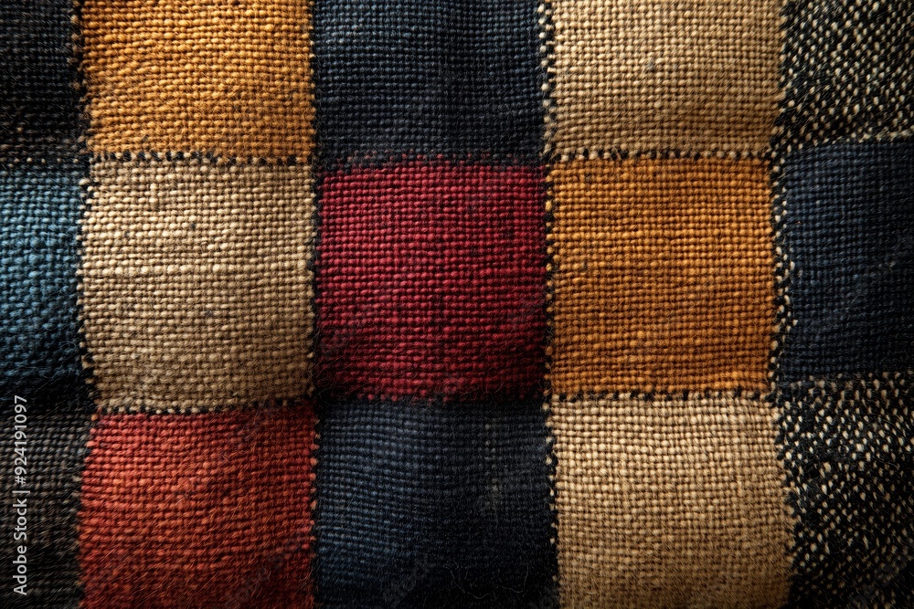 Poster colorful woven textile featuring a patchwork pattern in a grid layout displayed against a neutral ba
