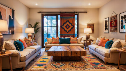 A Cozy Living Room with Rich Southwestern Patterns and Warm Lighting