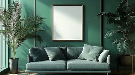  Picture frame mock-up in the interior of a modern living room on a green wall design with a sofa and a plant in a vase, transparent wall art mockup design 