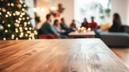 empty wooden table in the foreground. blurred background of a bright living room decorated for Christmas and New Year
