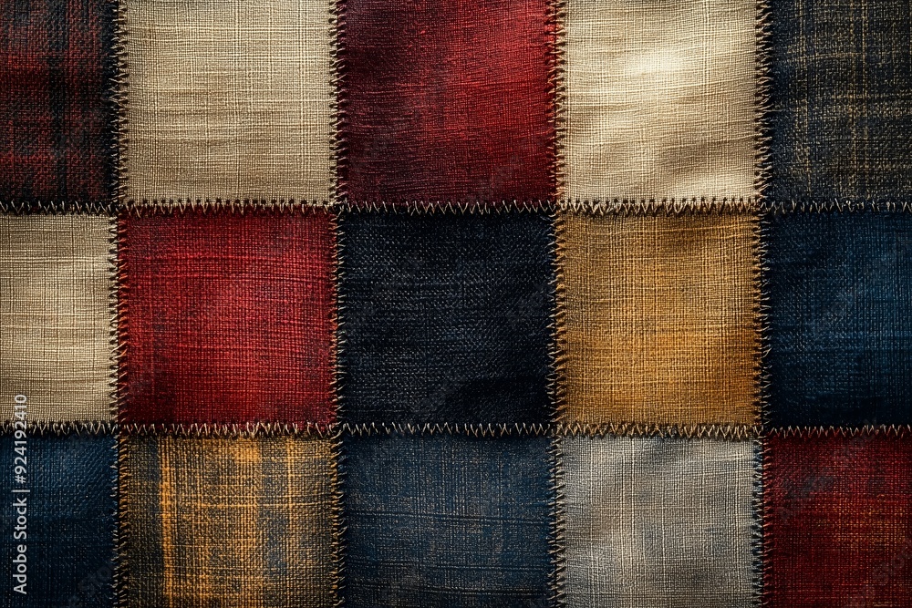 Poster colorful patchwork fabric with various textures and patterns displayed on a flat surface