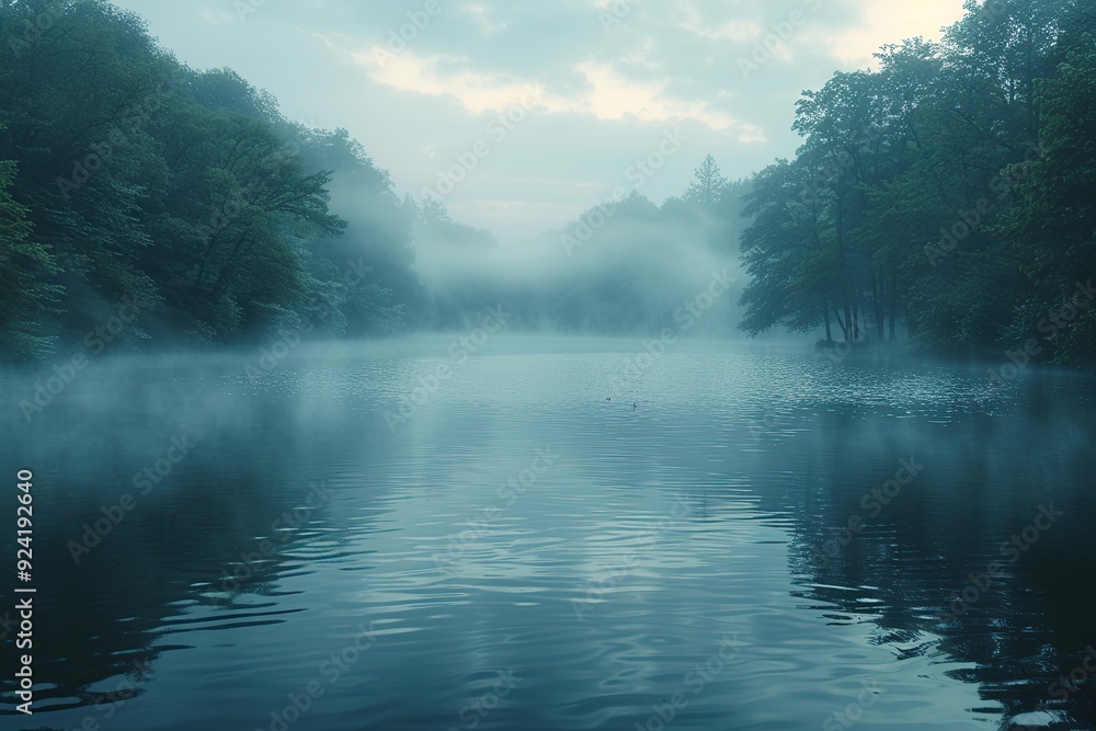 Wall mural misty morning lake