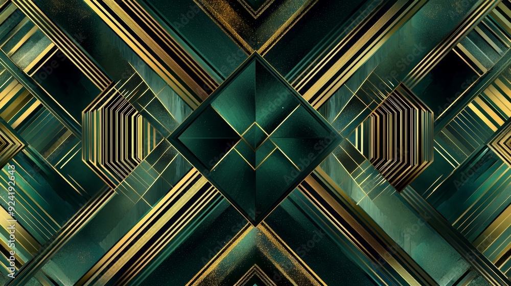 Poster abstract geometric background forming symmetrical pattern with green and gold squares