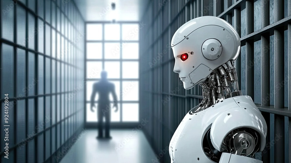 Poster an ai robot watches over a prison cell while a figure with glowing red eyes looms in the shadows, cr