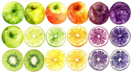   A collection of halved fruits resembling apples, oranges, lemons, and kiwis