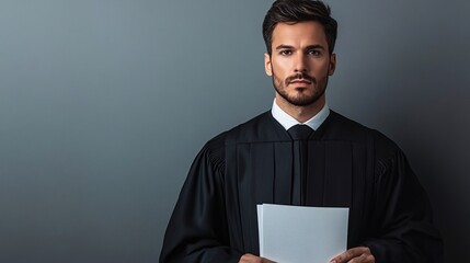 A bailiff holding a legal document, looking serious and focused, with a minimalist light color backdrop that enhances the composition