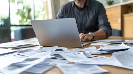 Fototapeta premium A professional bill collector in a modern office setting, reviewing accounts on a laptop with documents spread out on the desk