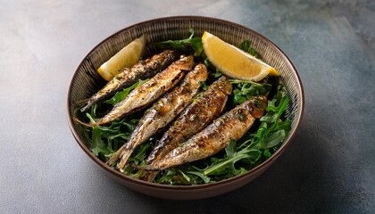 A bowl of grilled sardines drizzled with a lemon-thyme marinade and served on a bed of rocket