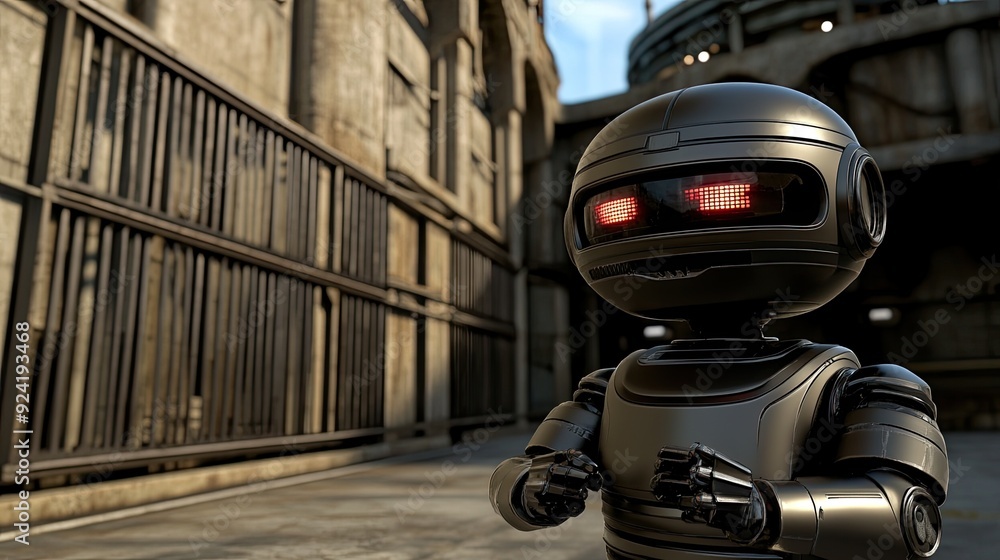 Poster an ai robot watches over a prison cell while a figure with glowing red eyes looms in the shadows, cr