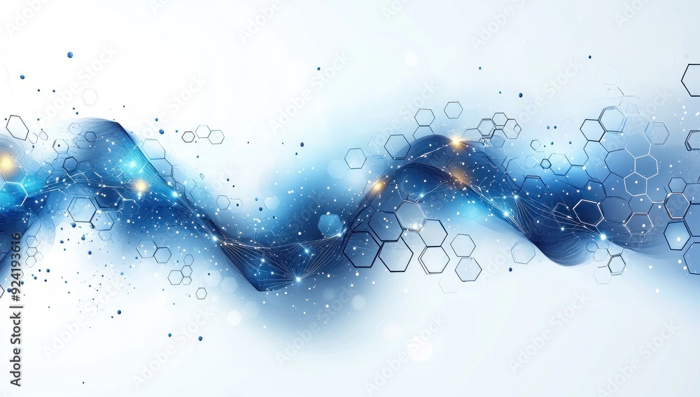 Poster abstract blue wave with hexagons and sparkle background