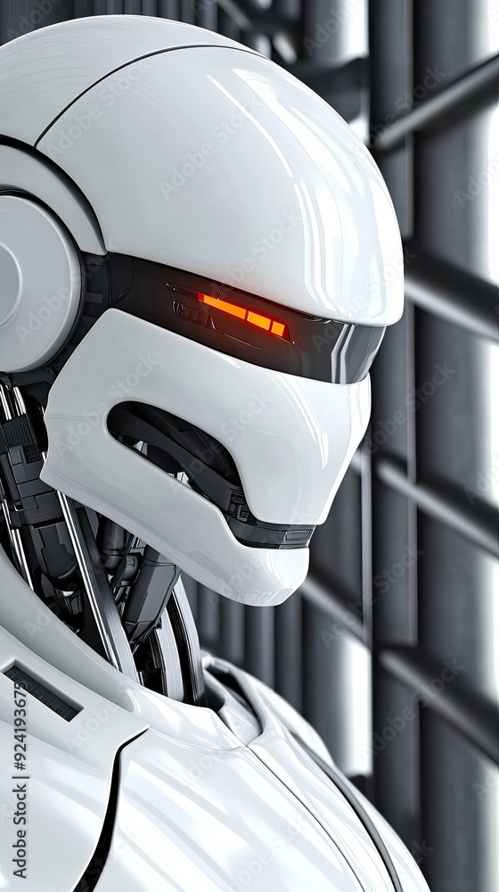 Poster an ai robot watches over a prison cell while a figure with glowing red eyes looms in the shadows, cr