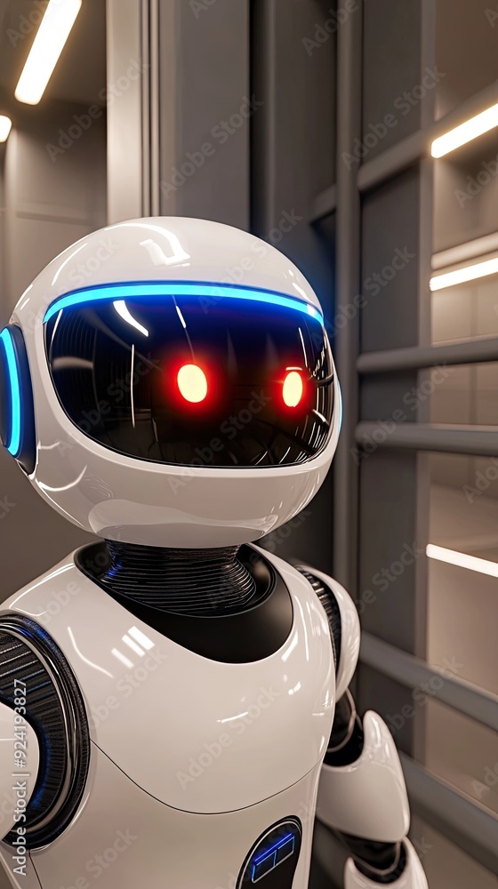 Poster an ai robot watches over a prison cell while a figure with glowing red eyes looms in the shadows, cr