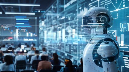 An AI cyborg robot serving as a classroom teacher, demonstrating advanced artificial intelligence in education, seamlessly interacting with students and digital teaching tools, motion video - Powered by Adobe