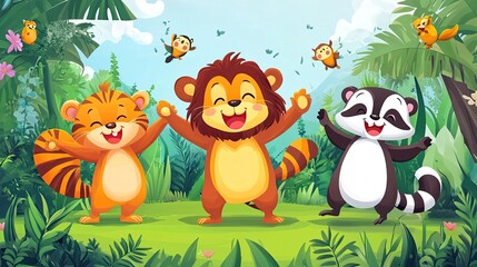 Naklejka premium A lion, tiger and raccoon are standing in a lush green jungle, smiling and looking happy. There are some small birds flying in the sky.