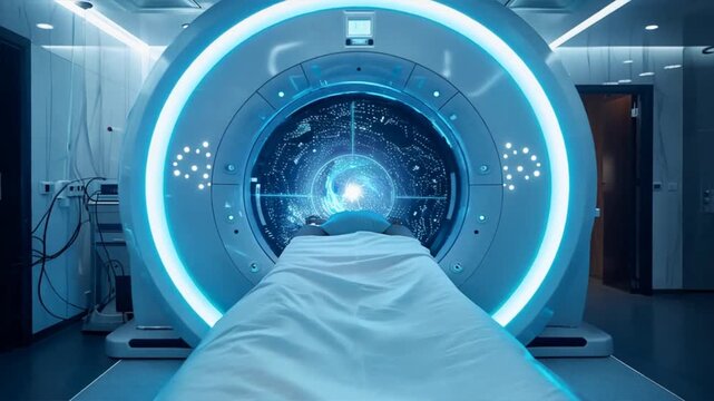 A futuristic MRI bodyscan powered by artificial intelligence, showcasing advanced medical imaging technology and precision diagnostics, seamlessly integrating AI for enhanced healthcare, motion video