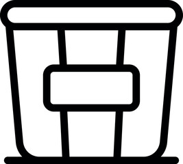 Simple black and white vector icon of an empty plastic bucket with a label, ideal for storing or delivering food