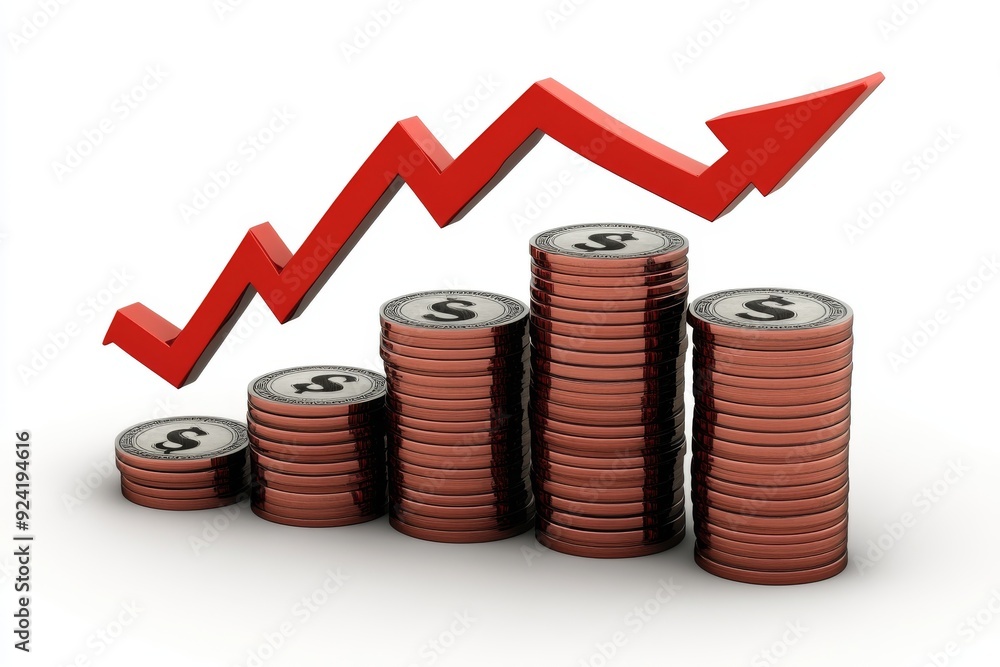 Poster stacks of coins topped with a red upward arrow symbolizing financial growth investment success and t
