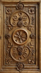Close-up ornate panel door made dark material possibly Baroque C
