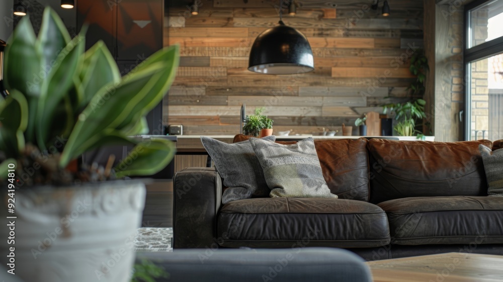 Poster this industrialinspired living space is softened by the addition of a wood grain feature wall adding
