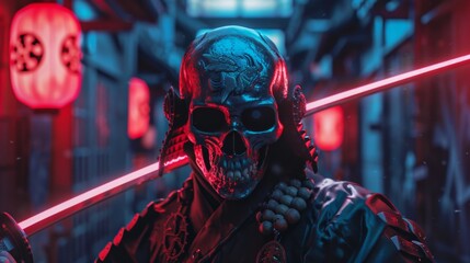 Fototapeta premium samurai robot skeleton with a red sword in a neon environment