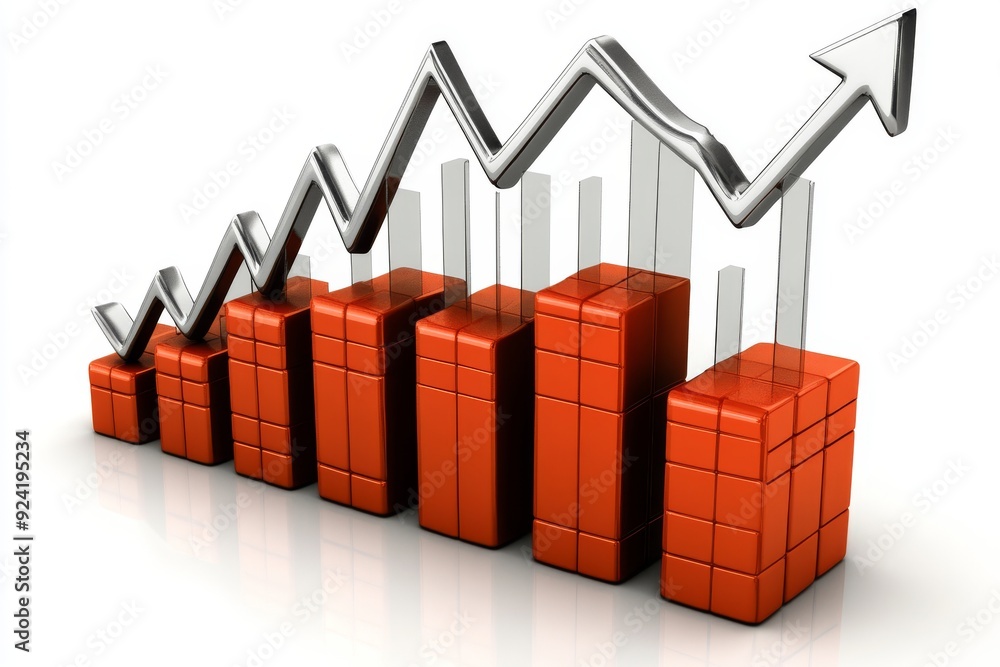 Aufkleber bar chart with ascending black and orange blocks topped by a zigzag arrow symbolizing business succe