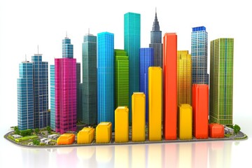 Vibrant city skyline made of colorful bar graphs rising in a green landscape symbolizing urban development business growth and sustainability ideal for eco friendly and business themes