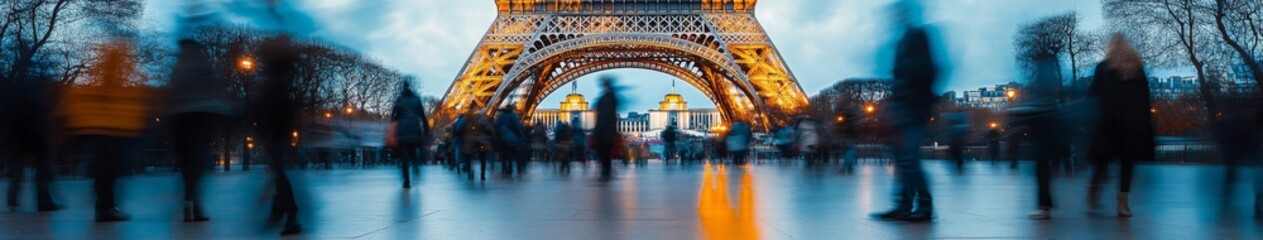 Fototapeta premium Blurred Motion of People Walking in Front of the Eiffel Tower: A Dynamic Parisian Scene Capturing the Essence of Urban Life.