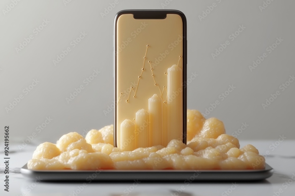 Poster golden smartphone screen with ascending bar graph emerging from fluffy clouds representing digital g