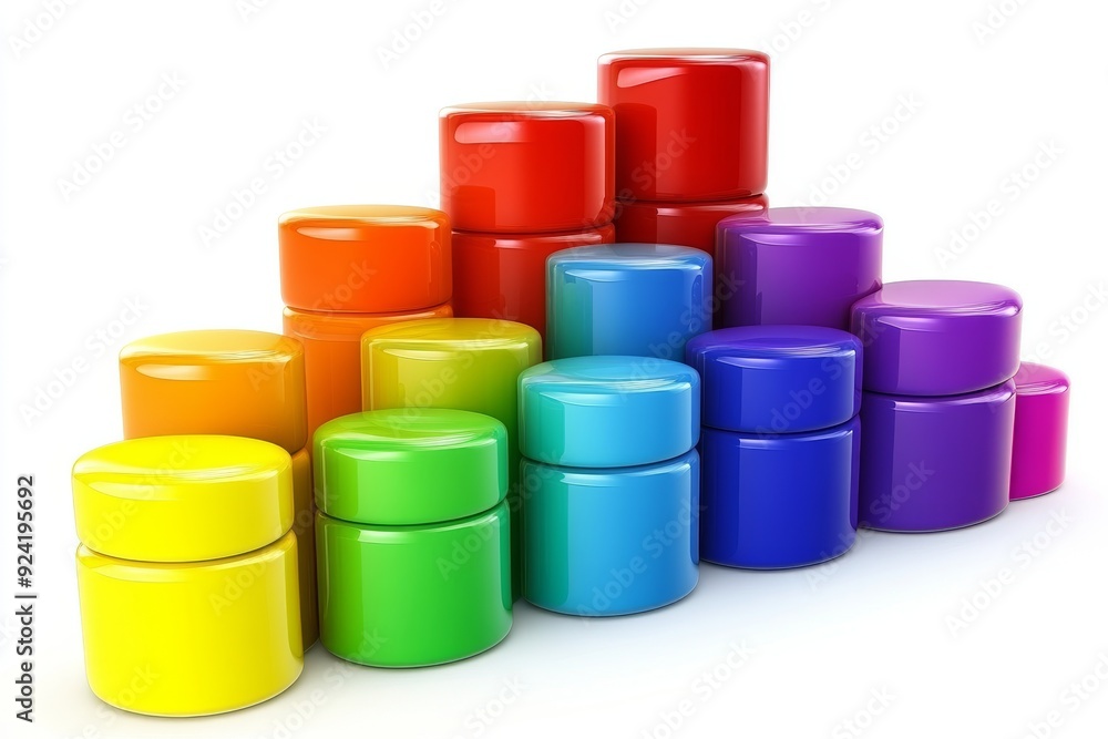 Poster colorful cylindrical jars arranged in ascending order symbolizing growth organization and progress s
