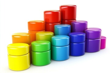 Colorful cylindrical jars arranged in ascending order symbolizing growth organization and progress suitable for themes related to business analytics data storage and financial success