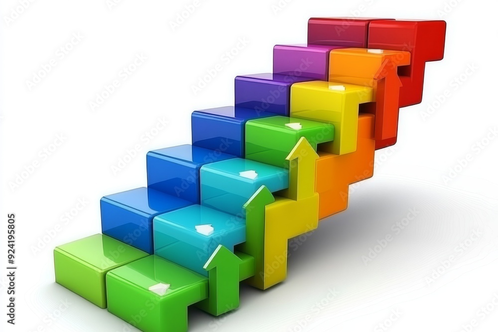 Poster rainbow colored blocks arranged in an ascending staircase pattern symbolizing progress growth and su