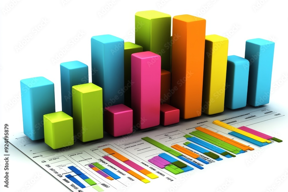 Poster colorful bar graph with a variety of financial charts and graphs representing diverse data analysis 