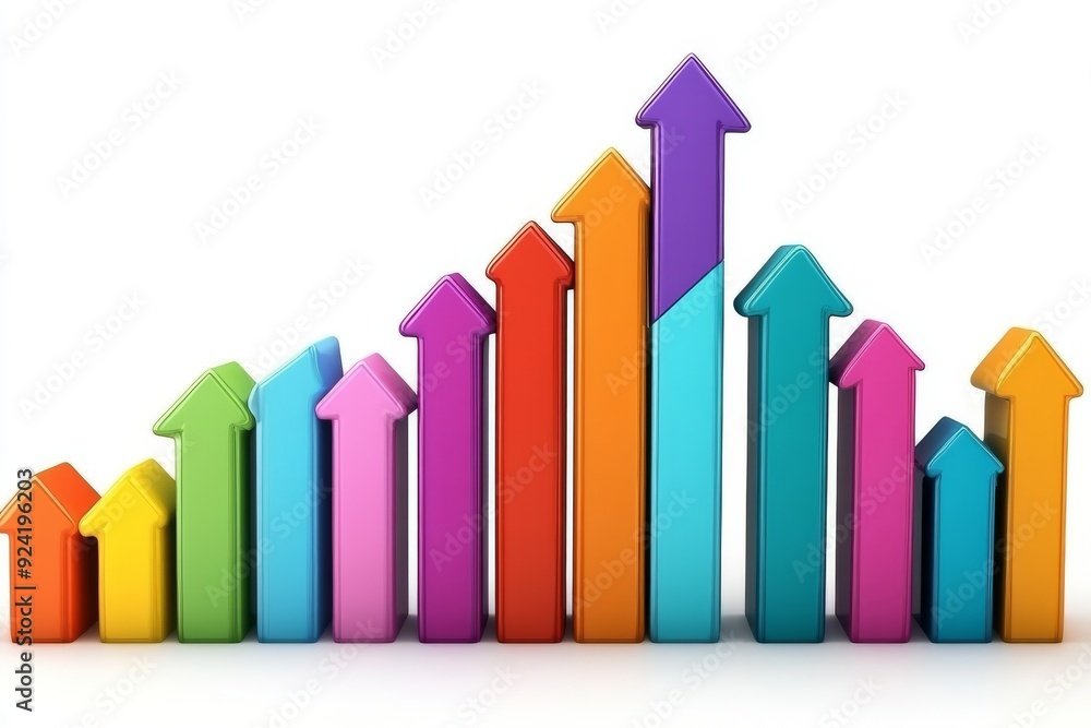 Poster colorful bar graph with arrows pointing upwards symbolizing growth success and positive trends ideal