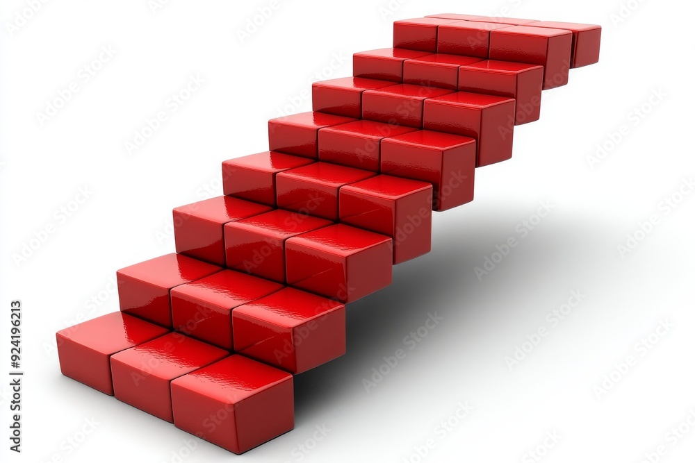 Poster red blocks arranged in an ascending staircase pattern symbolizing growth success and upward mobility